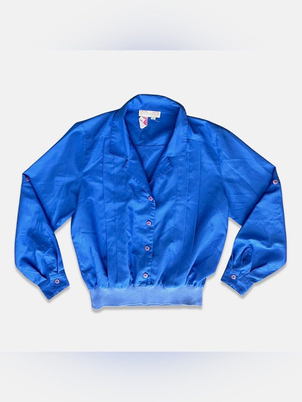 Vintage Laura & Jayne Petites Blue Pleated Cropped Long Sleeve Blouse Size 6P